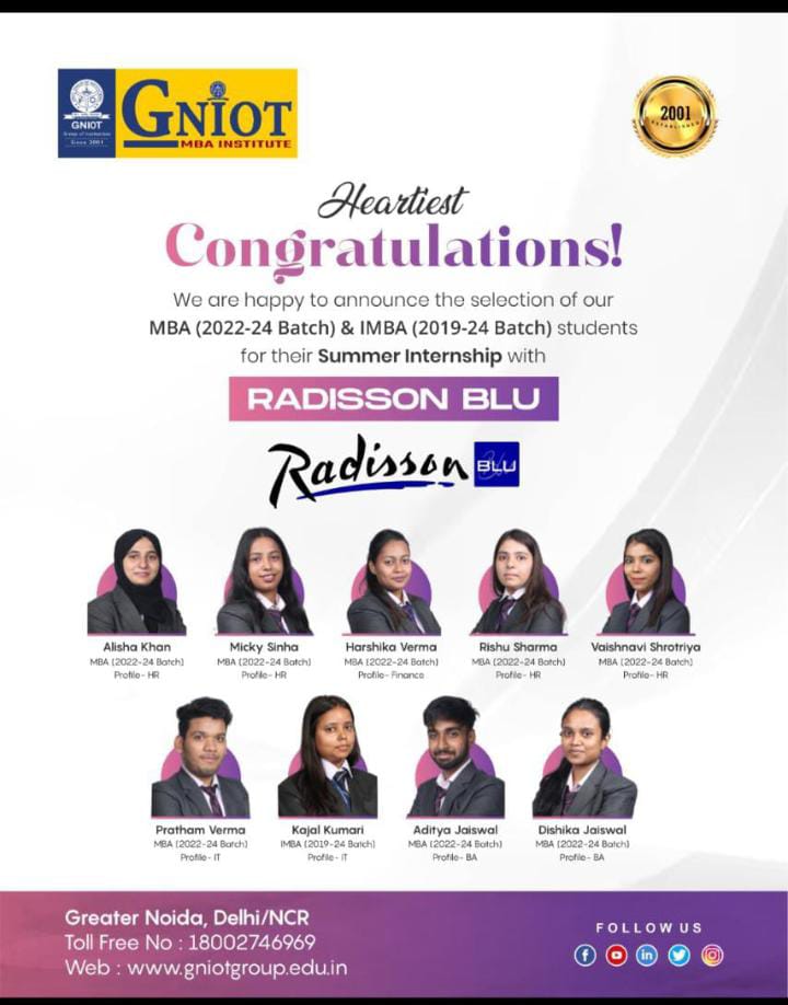 🎉 Exciting News! 🌟 Our MBA (2021-24 Batch) and IMBA (2019-24 Batch) students have been selected for their Summer Internship with Radisson Blu. #KansaiNerolacInterns #InternshipOpportunity #FutureLeaders #InternshipExperience #CareerDevelopment