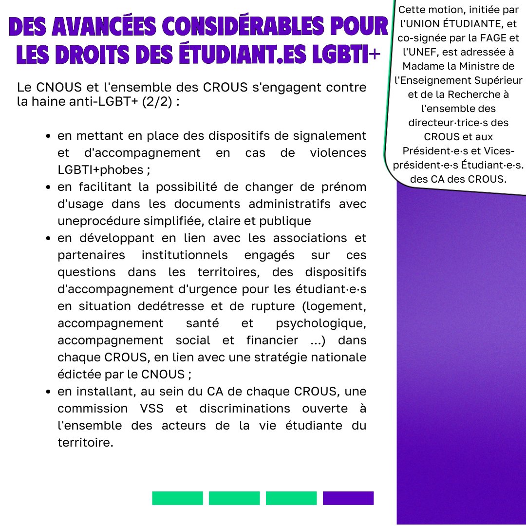 Cette motion marque une avancée significative pour la lutte contre les LGBTI+phobies au sein des CROUS, que ce soit par la formation ou bien la mise en place de dispositifs de signalement et d’accompagnement.