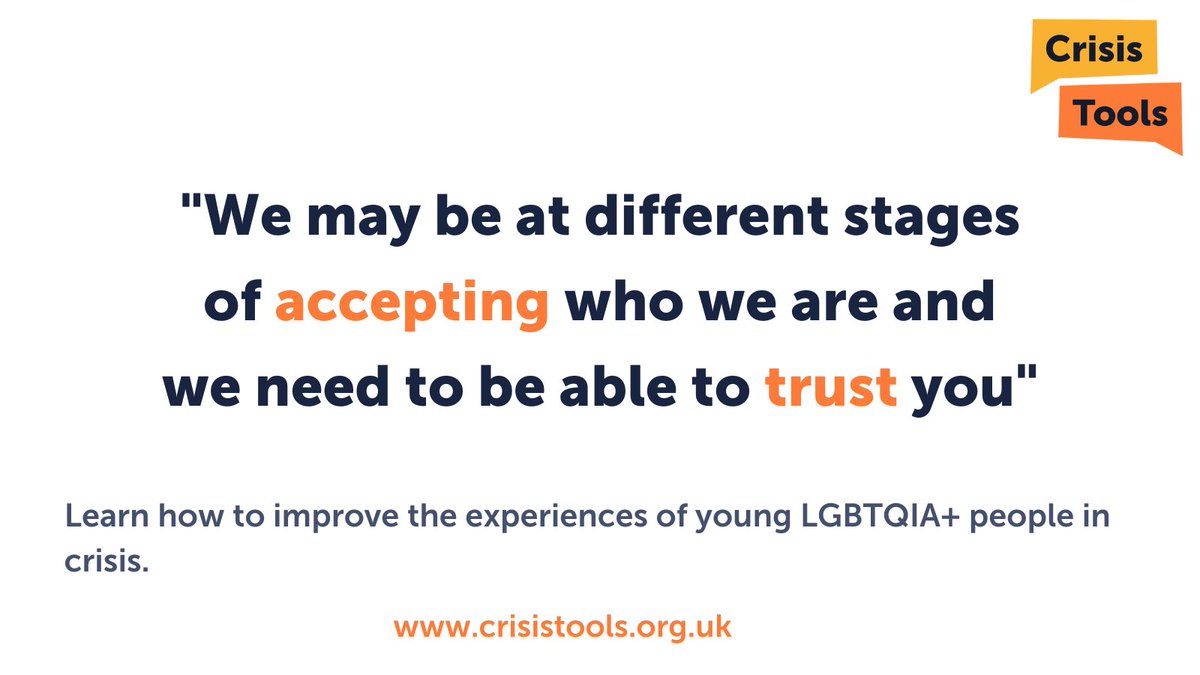 📢 “One thing every LGBTQIA+ young person in crisis has in common is that they are in distress and need your help."

This is just one of the key takeaways from our “What we need people supporting us in crisis to know” module.

crisistools.org.uk/training/lgbtq…