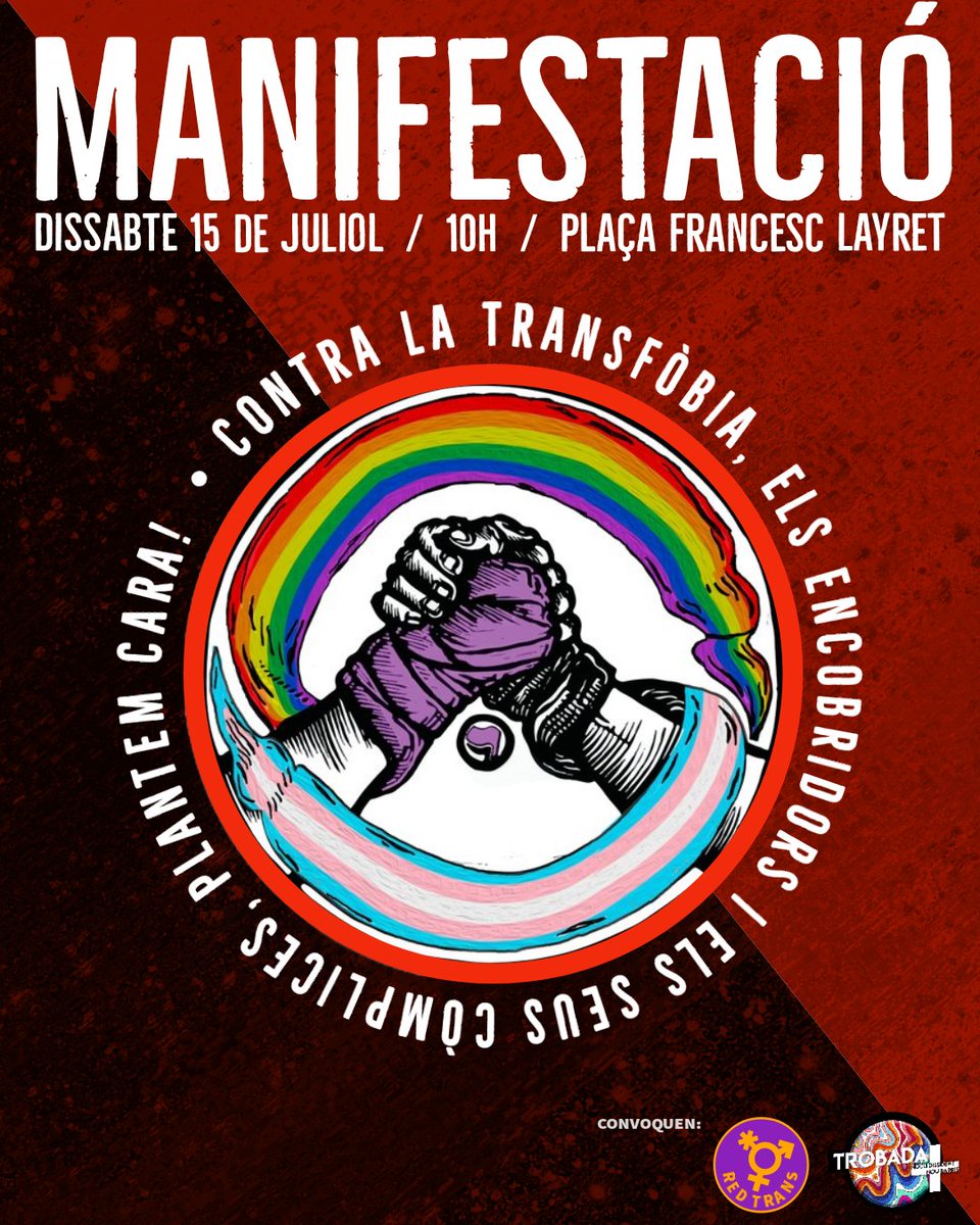 Davant la convocatòria d’un acte transfòbic organitzat per la CNT Barcelona (CNT-CIT) i "Feministes" de Catalunya, la comunitat trans, LGTBIQA+ i antifexista veiem la necessitat de mobilitzar-nos per plantar cara.

Contra la transfòbia, els encobridors i els seus còmplices!