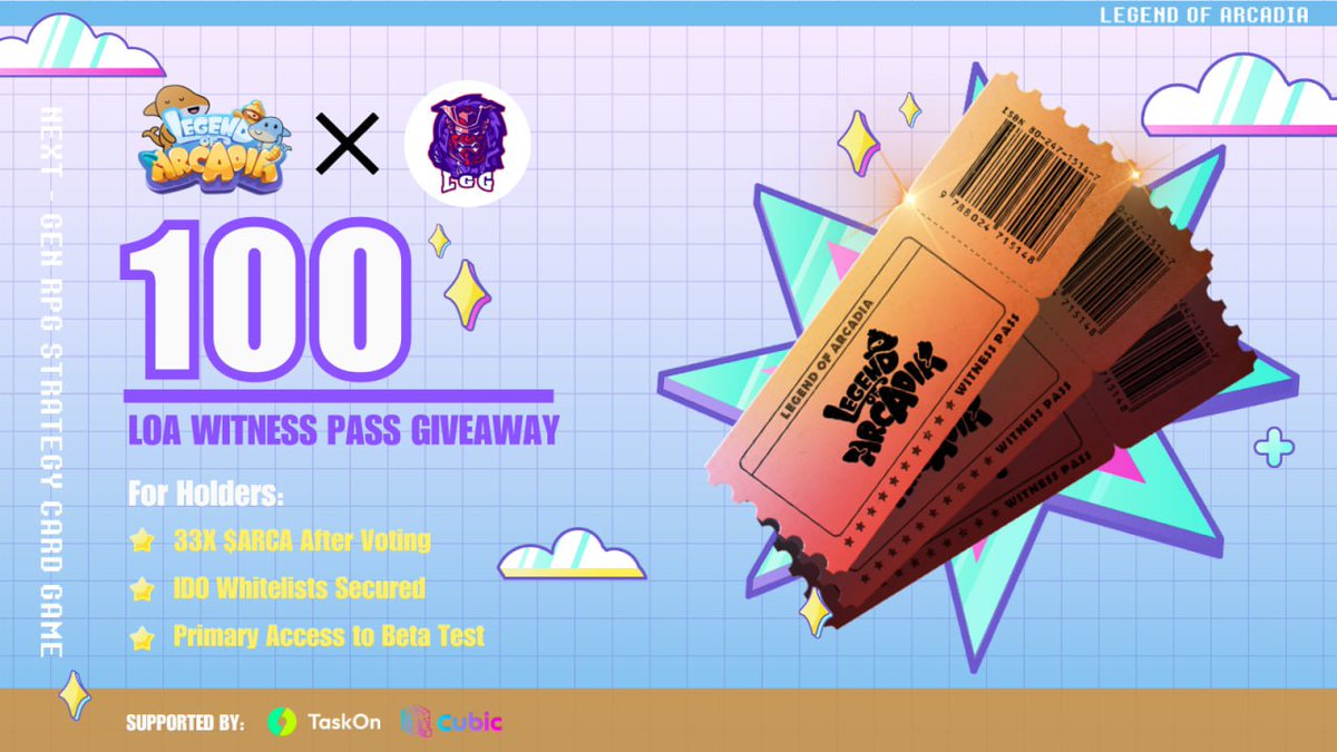 0xC_Web3's tweet photo. 🎁100 #Freemint LOA Witness Pass NFTs #Giveaway 🎁

@LegendofArcadia 🤝 @LGG_DAO

💎Participate in 3 Voting events and win over 2000 $Sui in rewards with LOA Witness Passes!

👉 To enter:
1️⃣Like &amp; RT
2️⃣Tag 3 frds
3️⃣Finish the tasks: https://t.co/gYNcN9RcKt

🔽日本語告知＆詳細有 https://t.co/RViALzz2mW