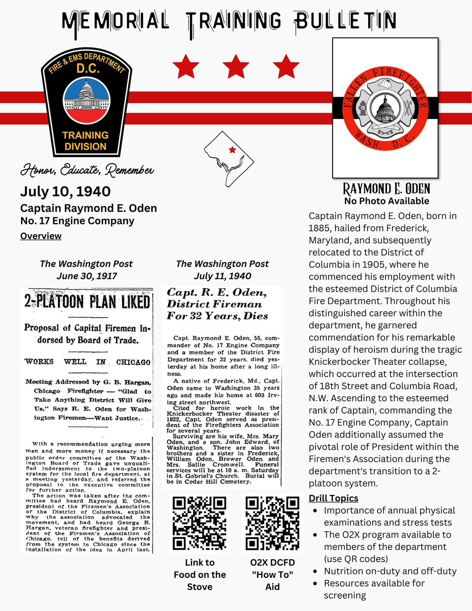 DCFDKelleher's tweet photo. Memorial Training Bulletin - Captain Raymond E. Oden (07-10-1940) - #DCFD No. 17 Engine Company. @dcfireems #DCFDHistory #DC @NFFF_News https://t.co/nACyiuMKx6