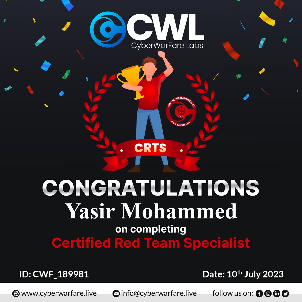 cyberwarfarelab's tweet photo. We congratulate "Yasir Mohammed" on successfully completing CWL Certified Red Team Specialist [CRTS] Certification ⚔

@yaserfaraj

▶Course Link : https://t.co/Fb2VFveotl

#CWL #cyberwarfarelabs #redteam #redteamspecialist https://t.co/mu9cQrDrRC