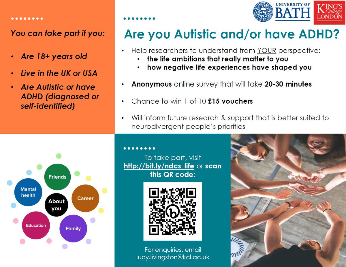 Are you #autistic and/or have #ADHD (18+, UK/USA)? Tell us YOUR perspective on life ambitions that matter to you & how negative experiences have shaped you. Research by PhD researcher Jola Layinka @BathPsychology @KingsIoPPN @neurodnetwork Take part 👉 bit.ly/ndcs_life