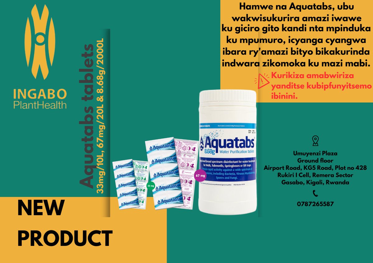 ingaboplant's tweet photo. ❗️New product❗️
We have water purification tablets available countrywide for you #aquatabs . Please contact us for futher details.

@RwandaHealth @RICA_Rwanda @RumbukaSeeds @FarmfreshRwanda https://t.co/0EE73FqZ9t