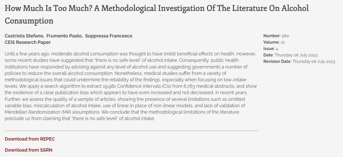 CEIStorvergata's tweet photo. HowMuchIsTooMuch? A Methodological Investigation Of The Literature On #Alcohol Consumption
https://t.co/V1RCLFnqmJ
SCastriota PFrumento FSuppressa
@Unipisa @unisiena
#Health #SafeLevel #PublicationBias #StatisticalBias
@SSRN @repec_org #EconTwitter @EconTorVergata @unitorvergata https://t.co/HGYV0Q9Fe8
