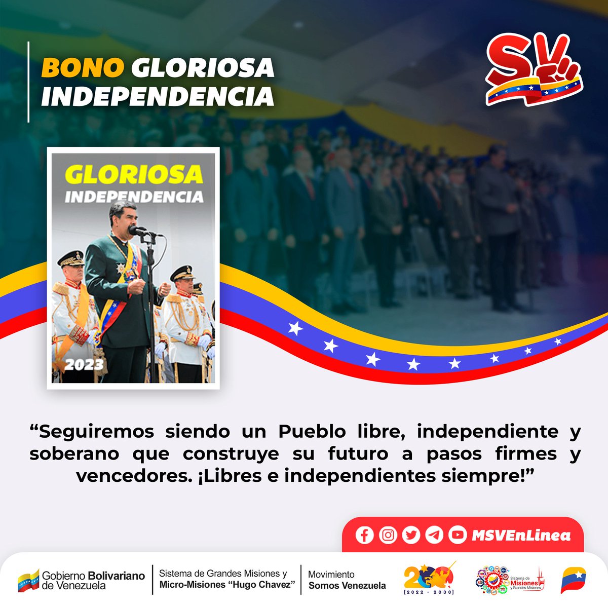 MSVEnLinea's tweet photo. 🚨 #ÚLTIMAHORA || Continua la entrega de Bono Gloriosa Independencia 2023 enviado por nuestro Pdte. @NicolasMaduro a través del Sistema @CarnetDLaPatria. ⁣
 ⁣
La entrega tendrá lugar hasta el #15Jul de 2023.

@MSVEnLinea #11Jul #CompromisoYTrabajo https://t.co/6vCxZmeonL