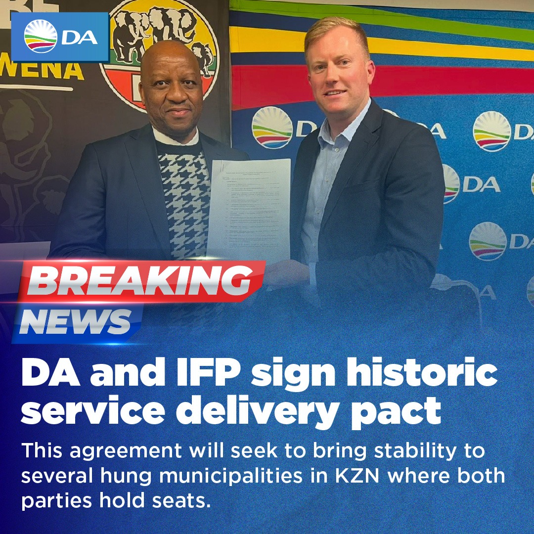 🚨 BREAKING: The DA and IFP have signed a historic service delivery pact. This agreement will seek to bring stability to several hung municipalities in KZN where both parties hold seats.

The Moonshot to deliver a new government for KZN in 2024, is taking off! 🚀