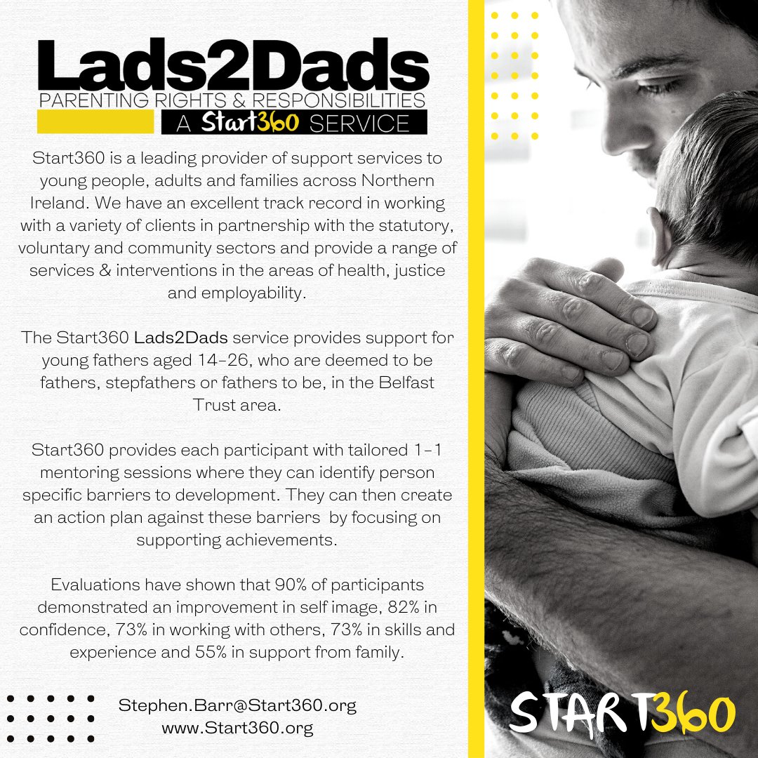 Start360 is recruiting for the next Lads2Dads programme in @BelfastTrust for young fathers aged 14-26 commencing September 2023. For more information contact Stephen.Barr@Start360.org or visit Start360.org