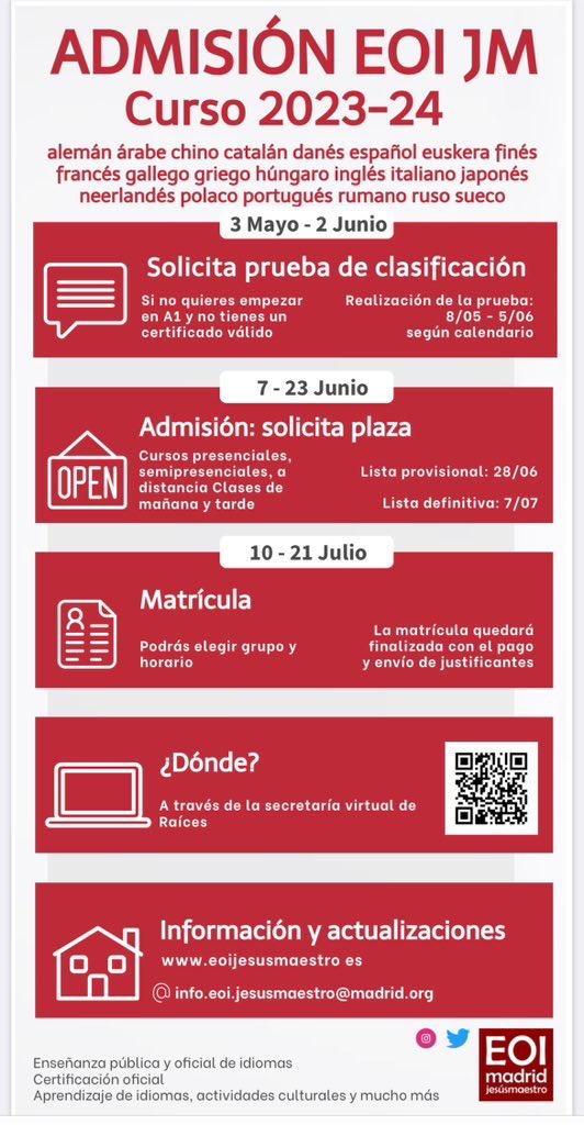 Alumnado nuevo admitido en <a href="/EOIjesusmaestro/">EOI Jesús Maestro</a> 
Último paso del proceso de admisión 
🗓️10-21/07 Formaliza la matrícula 
🚩en la secretaría virtual de Raíces
1️⃣Elige grupo
2️⃣Paga
3️⃣Adjunta los justificantes 
🔗eoijesusmaestro.es > Admisión de alumnado nuevo