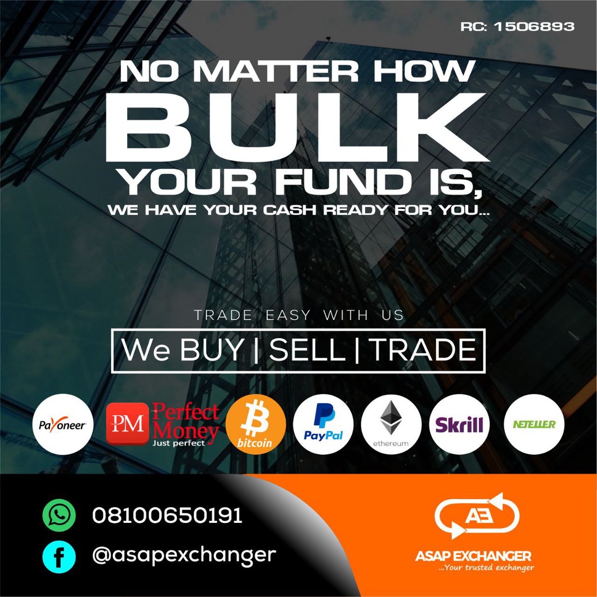 asap_exchanger's tweet photo. You can be confident that you'll consistently get the best possible exchange rate when converting currency.

Message us on WhatsApp at +2348100650191 to exchange at the best rate always.

#Neteller #Skrill #Paypal #payoneer #perfectmoney #usdt #bitcoin #ethereum  #forex #crypto https://t.co/WNmbuBQTpL