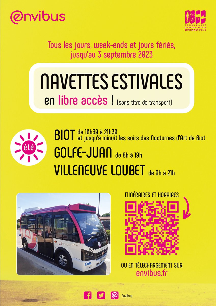 🏖🚌[NAVETTES ESTIVALES]
Biot/Golfe-Juan/Villeneuve Loubet

👍Les navettes estivales d'<a href="/EnvibusOfficiel/">Envibus - Officiel</a> sont de retour cet été et ce jusqu'au 3 septembre 2023!

✅Retrouvez la fiche horaire des Navettes en scannant le QR Code ci-dessous, ou en cliquant sur urlz.fr/mEIm