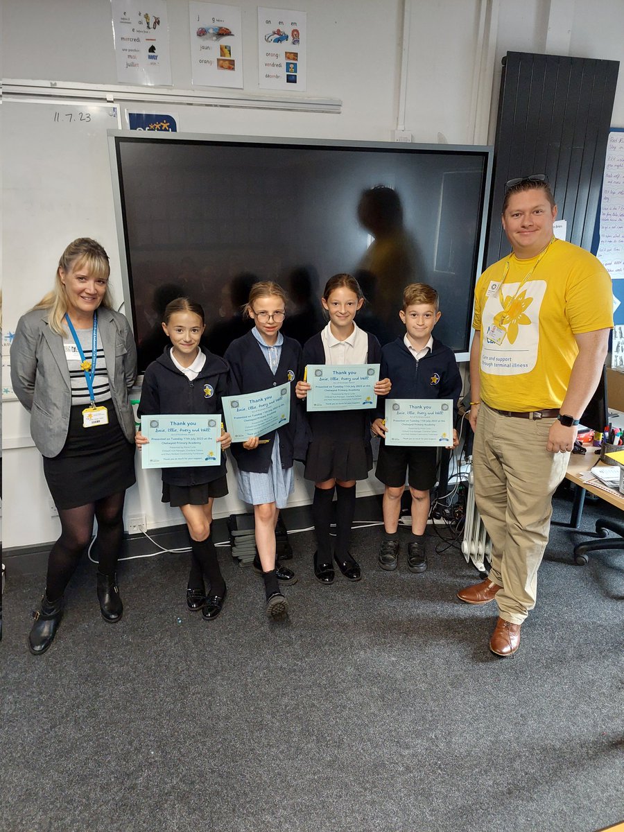 ChetwyndSpencer's tweet photo. We had a surprise visit from @mariecurieuk this morning as some of our Year 5 children were presented with awards for their incredible fundraising #starfishinthecommunity #kindness https://t.co/XZ73awRoOS