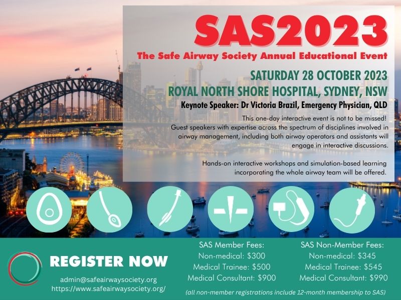 Safe Airway Society (@safeairway) on Twitter photo Registration open for #SAS2023 Sat 28th Oct.
Keynote <a href="/SocraticEM/">Victoria Brazil</a> plus faculty incl <a href="/doctimcook/">Tim Cook</a> <a href="/NicholasChrimes/">Nicholas Chrimes</a> & more.
Morning plenaries and afternoon sim/workshops incl in registration price.
Non-member registration includes 1 year SAS membership.
eventbrite.com/e/sas2023-annu… Registration open for #SAS2023 Sat 28th Oct.
Keynote <a href="/SocraticEM/">Victoria Brazil</a> plus faculty incl <a href="/doctimcook/">Tim Cook</a> <a href="/NicholasChrimes/">Nicholas Chrimes</a> & more.
Morning plenaries and afternoon sim/workshops incl in registration price.
Non-member registration includes 1 year SAS membership.
eventbrite.com/e/sas2023-annu…