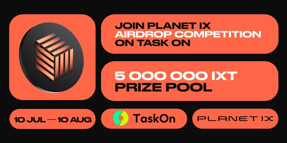 🙌 Excited to launch a special #Giveaway with <a href="/Planetix0/">PLANET IX</a>.

🎁 Claim you limited #CAPs and be part of the 5,000,000 IXT reward 👇
taskon.xyz/campaign/detai…

⏰ Jul 11th, 10:00 - Aug 10th 10:00 (UTC) 
#Airdrop #Web3 #Crypto