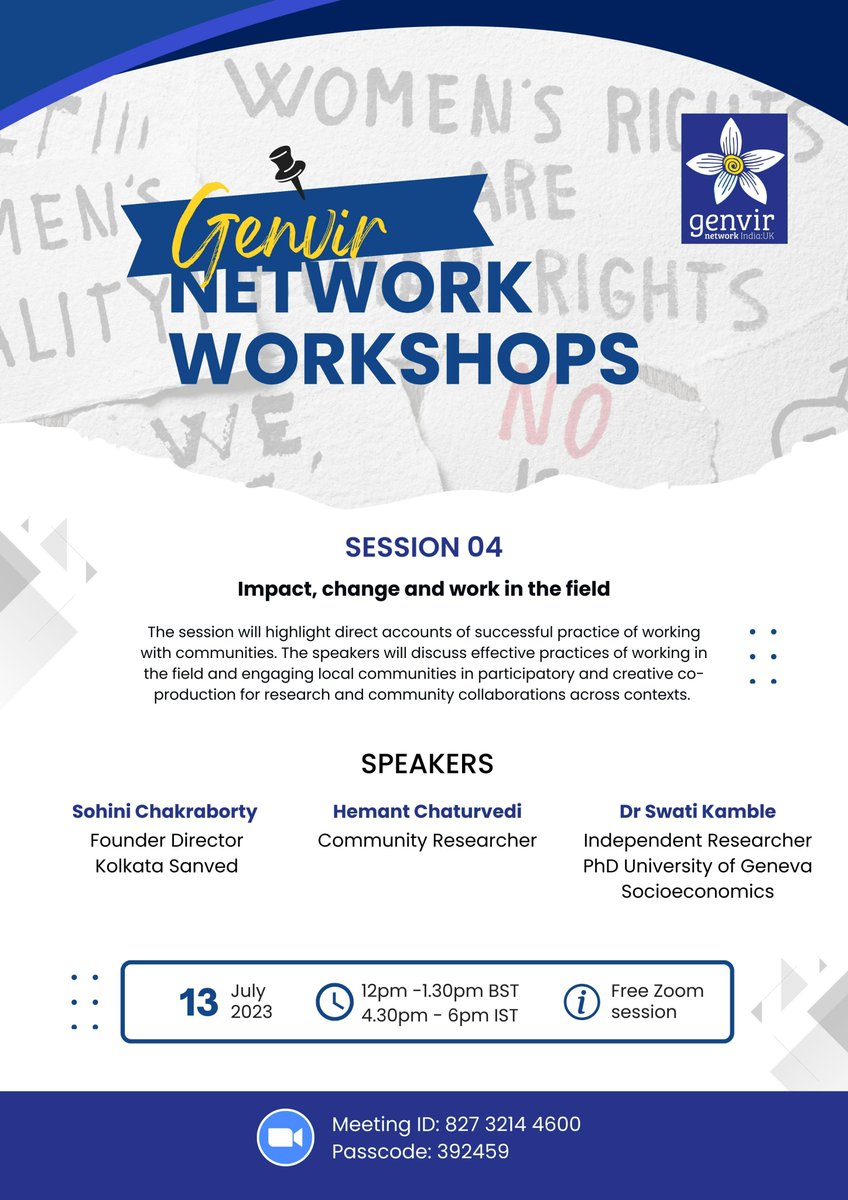 ProjectGenViR's tweet image. #GenvirNetworkWorkshops Session 04
Live discussion on Impact, change and work in the field of GBV, by Sohini Chakraborty, Hemant Chaturvedi, Dr. Swati Kamble.
Free Zoom session on 13 July 2023 @ 12pm BST; 4.30pm IST
eventbrite.com/e/658243362617
#GenViR #GenderBasedViolence #India #GBV