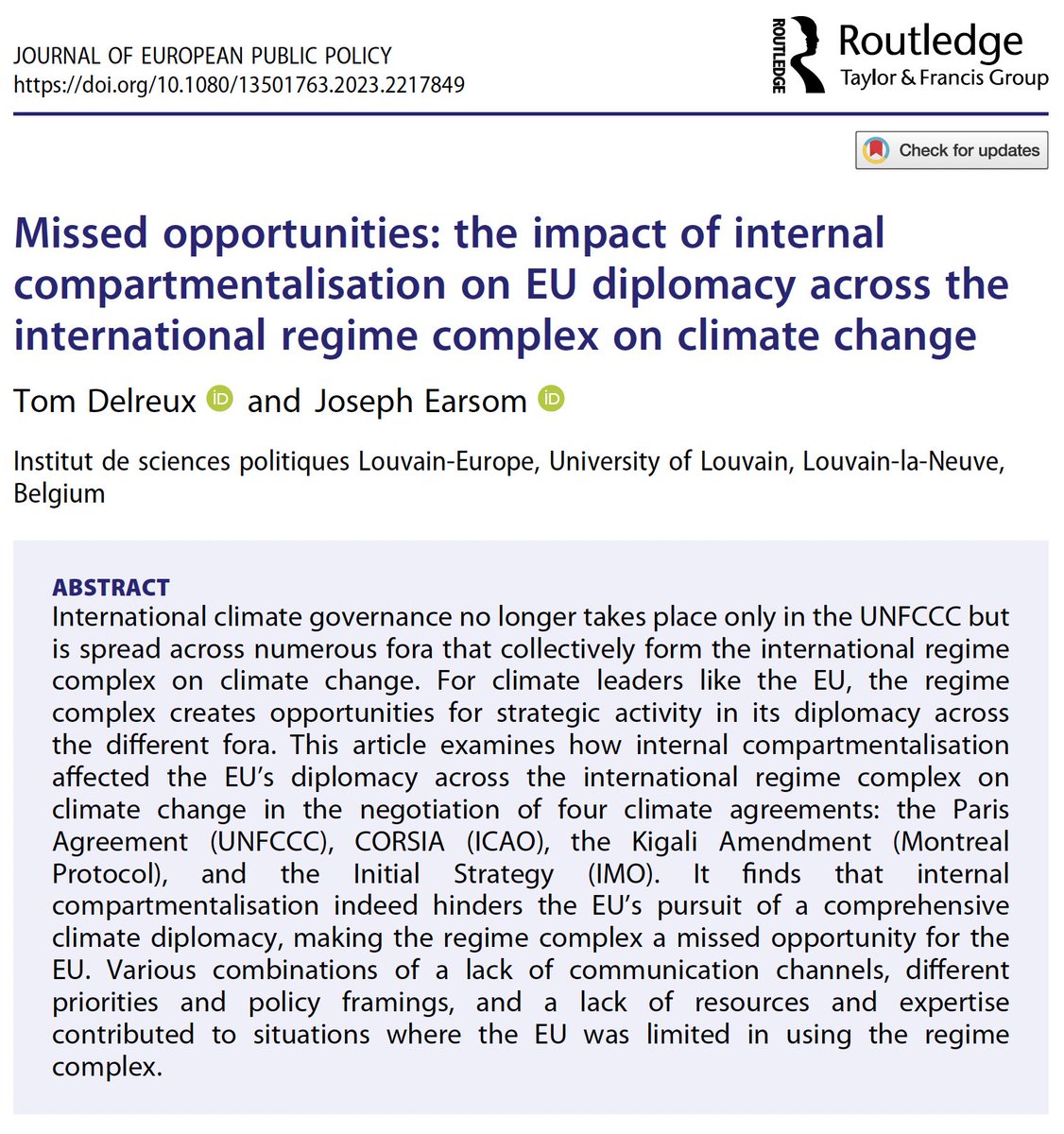 How does the EU’s internal compartmentalisation affect its multilateral climate diplomacy?  

👉 New article with <a href="/EarsomJ/">Joseph Earsom</a>, now online first <a href="/jepp_journal/">JEPP</a>

Free copies: tandfonline.com/eprint/HYZJCZB…