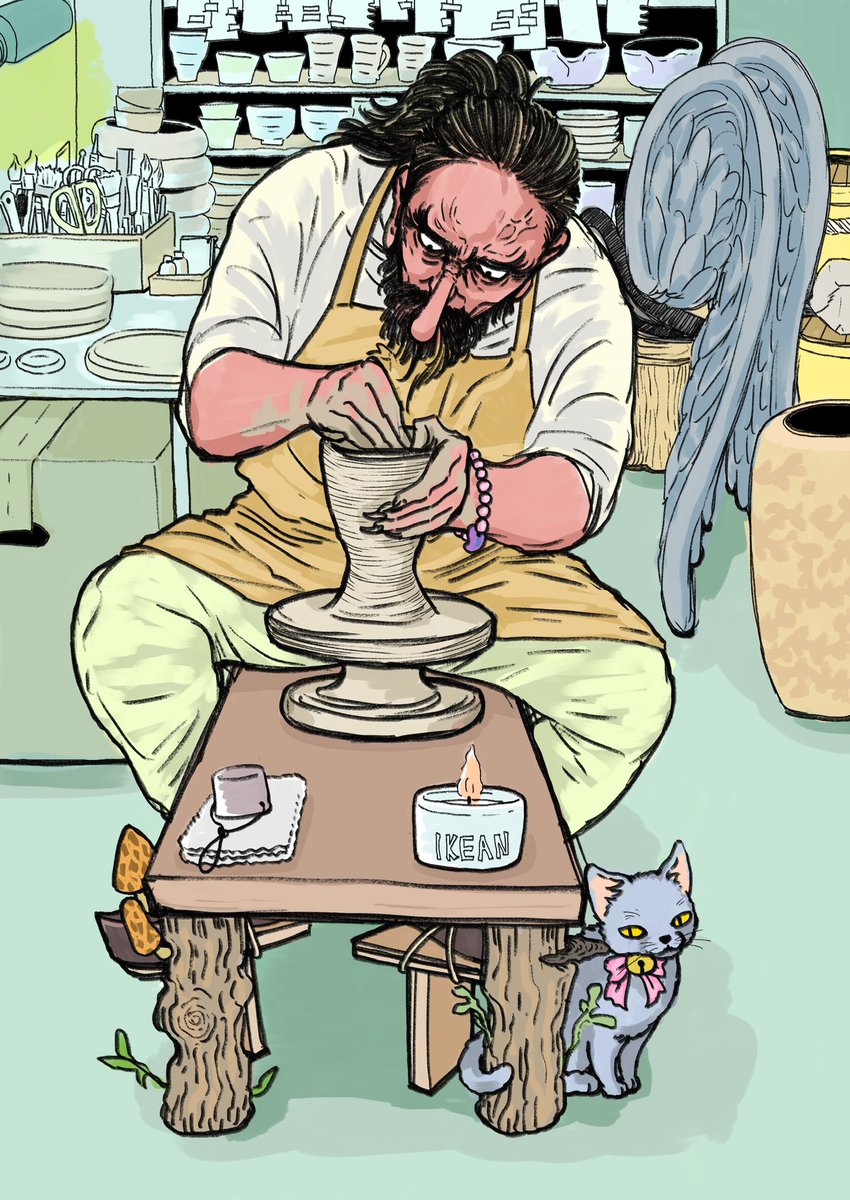 再掲/天狗の陶芸。偶然にも天狗がいる近所の神社の近くに陶芸教室があったという。天狗のおじさんは3次元でほんとに陶芸やりたいのかも。#創作イラスト #スピリチュアル https://t.co/rGTioLKgmX