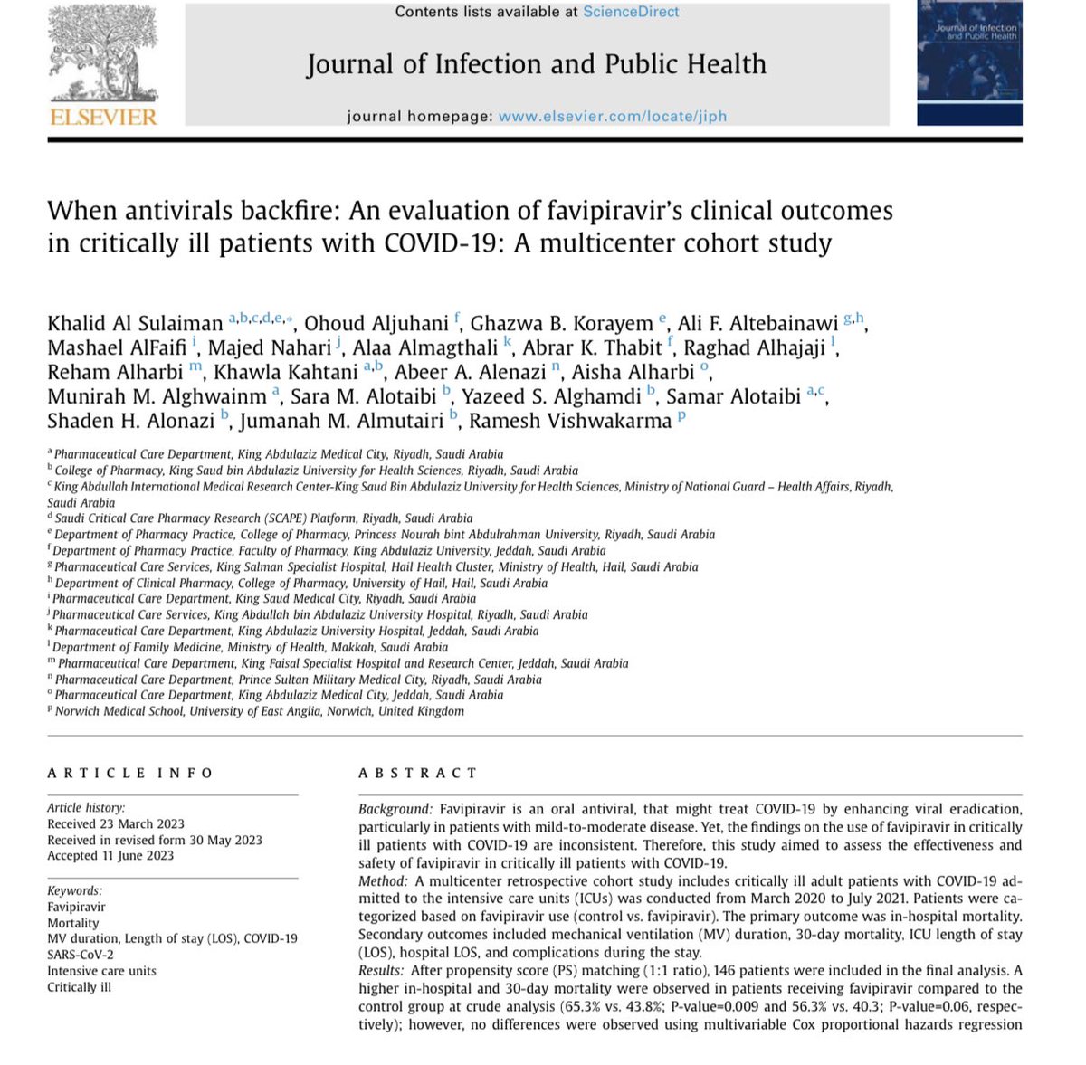 alsulaimankh's tweet photo. 📢 📚 🔬   We are happy to share the latest findings from our study at the Saudi Critical Care Pharmacy Research (SCAPE) platform @SCAPE_Platform , titled "When antivirals backfire: An evaluation of favipiravir's clinical outcomes in critically ill patients with COVID-19: A multicenter cohort study." 🌐

In this groundbreaking study, our aim was to assess the effectiveness and safety of favipiravir in critically ill patients with COVID-19. We understand the pressing need to identify optimal treatment strategies for this vulnerable population and improve patient outcomes. 🩺💊

After meticulous analysis of the data, we have discovered some noteworthy results. Unfortunately, the use of favipiravir in critically ill patients with COVID-19 did not demonstrate a reduction in mortality as we had hoped. Instead, we found an unexpected association with longer mechanical ventilation duration and extended stays in the intensive care unit (ICU). 📉🏥

While this antiviral has shown effectiveness in other infections, our study suggests that its benefits in the context of COVID-19 may be limited. However, it is important to emphasize that our study is just one piece of the puzzle. Further randomized clinical trials are essential to confirm these findings and provide a comprehensive understanding of the effectiveness and safety profile of favipiravir in critically ill patients with COVID-19. 🔬🔍

We believe that our study's outcomes have significant implications for clinical practice. By shedding light on the potential limitations of favipiravir in critically ill COVID-19 patients, we can guide healthcare professionals in making informed decisions and tailoring their treatment strategies. 💡🌟

I would like to express my deepest gratitude to the entire team at @SCAPE_Platform for their unwavering dedication and hard work in conducting this study. Their commitment to advancing critical care pharmacy research is truly commendable. 👏🌍
@DrOhoudAljuhani 
@GhazwaTbader 
@Altebainawi 
@MashaelAlfaifi 
@mhn1414hn 
@DrAlhajaji 
@AbrarThabit 
@_alenaziar 
@AlharbiAisha_ 
Dr. Alaa Almagthali
Dr.  Reham Alharbi
Dr. Munirah M Alghwainm
Dr. Ramesh Vishwakarma

Special thanks for our extraordinary pharmacy interns and students @KSAU_HS_COP for their dedication and commitment: Khawla Kahtani, Sara M. Alotaibi, Yazeed S. Alghamdi, Shaden H. Alonazi, Jumanah M. Almutairi 

Please feel free to reach out if you have any questions or would like to learn more about our study. I am excited to continue this important journey and contribute to the advancement of critical care pharmacy research. Together, we can make a difference! 👥💪

https://t.co/sV1BmrELfy

#COVID19Research #ClinicalOutcomes #CriticalCarePharmacy #SCAPE #Favipiravir #HealthcareResearch