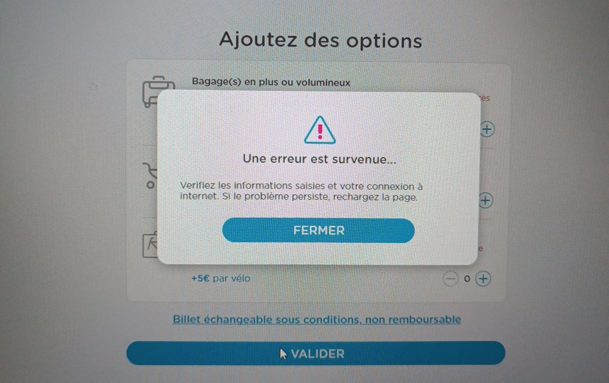 T_Rassat's tweet photo. Bonjour @OUIGO, je souhaite ajouter un bagage à mon trajet de cet après-midi mais le site et l'application affichent depuis 3 jours le message suivant lorsque j'essaye de finaliser l'opération. Pourriez-vous m'aider ? https://t.co/DTxjD6fGp8