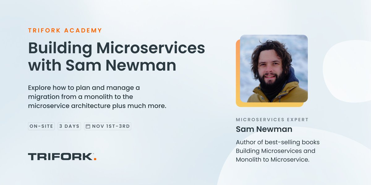 Trifork Amsterdam (@triforkams) on Twitter photo ⚡️Don't miss <a href="/samnewman/">Sam Newman</a>'s hands-on "Building Microservices" masterclass (Nov 1-3) in Amsterdam.
💡Expect to learn about key microservices principles, how to manage a monolith-to-microservices migration and much more.
👉trifork.nl/academy/our-co… ⚡️Don't miss <a href="/samnewman/">Sam Newman</a>'s hands-on "Building Microservices" masterclass (Nov 1-3) in Amsterdam.
💡Expect to learn about key microservices principles, how to manage a monolith-to-microservices migration and much more.
👉trifork.nl/academy/our-co…