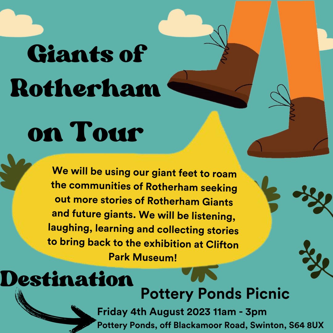 CliftonParkMus's tweet photo. 🚶‍♀️Giants of Rotherham on Tour🚶‍♀️

Our next destination will be...
Location📍
Pottery Ponds Picnic🌻
11am-3pm, 4th August 
Pottery Ponds, off Blackamoor Road, Swinton, S64 8UX

#GiantsofRotherham #letscreate https://t.co/megdpKhk5b