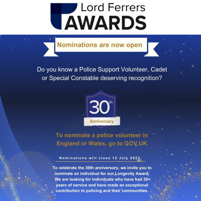 PFEW_HQ's tweet photo. 🔔This is a reminder that The Lord Ferrers Awards nominations close tomorrow🔔

The award recognises outstanding contributions to volunteering in policing.

For more information on how to nominate, head here👇
