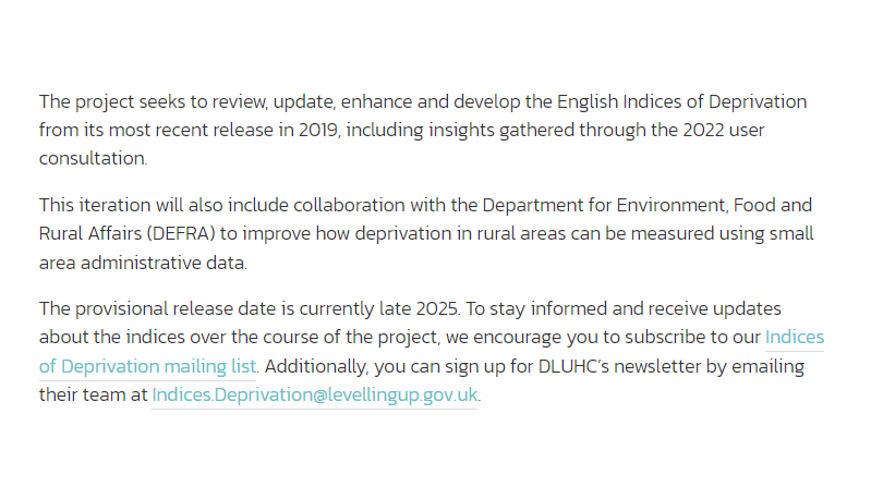 DLUHC has recommissioned @ocsi_uk to update the English Indices of Deprivation ocsi.uk/2023/07/10/we-… #deprivation #opendata There's a mailing list you can subscribe to. Previous release (2019) gov.uk/government/sta…