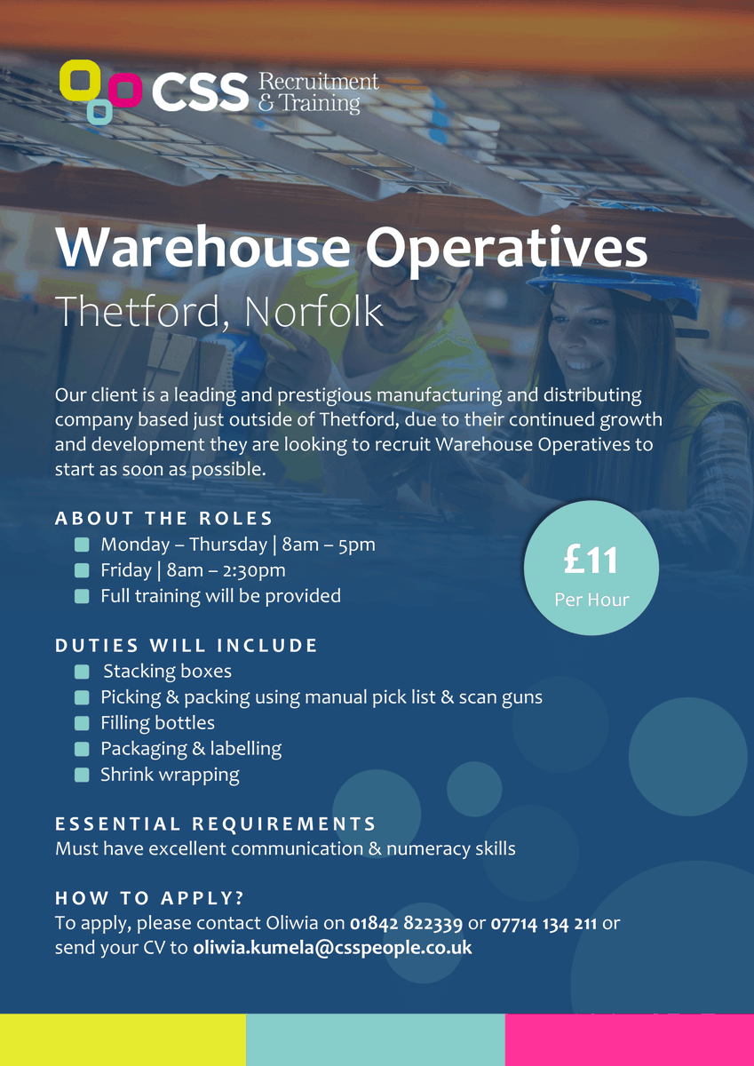 𝐖𝐄'𝐑𝐄 𝐑𝐄𝐂𝐑𝐔𝐈𝐓𝐈𝐍𝐆 🚨

👉 Warehouse Operatives
💷 £11 per hour
📍 Based in Thetford, Norfolk

☎️ Please contact Oliwia on 01842 822339 
📱 Or send a text message to 07714 134 211 

#Jobs #JobSearch #WarehouseOperatives #WarehouseJobs #NorfolkJobs #IndustrialJobs