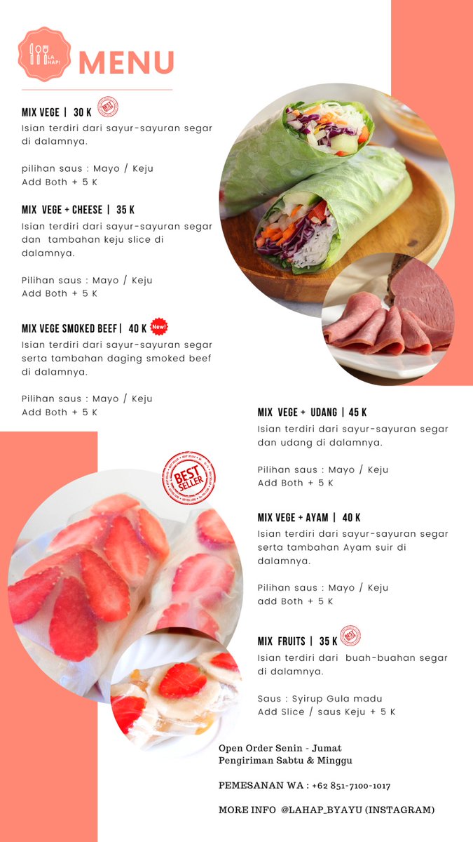 Hellompuss's tweet photo. @breadfitt Permisi

Salad Roll Buah dan Sayur🥗

Healthy food yg terdiri dari 5 macam varian buah/sayur + varian saus cocolan.

Dijamin Enak, Sehat, Mengenyangkan!

Bisa kirim Jabodetabek. COD Grogol, Tj Duren, Jelambar, CFD Sudirman-Monas 😊 https://t.co/wdtzGkOBzR