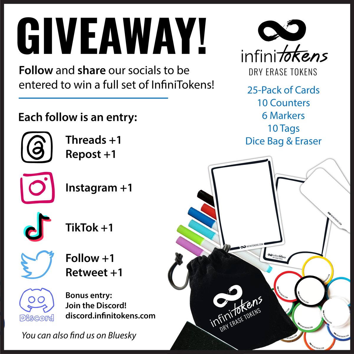 It's time for a giveaway! With all of the social media craziness, we don't want to lose track of anyone. Follow us to enter to win a full set of InfiniTokens with cards, counters, tags, markers, eraser and dice bag! Many ways to enter. The giveaway will run until the end of July.