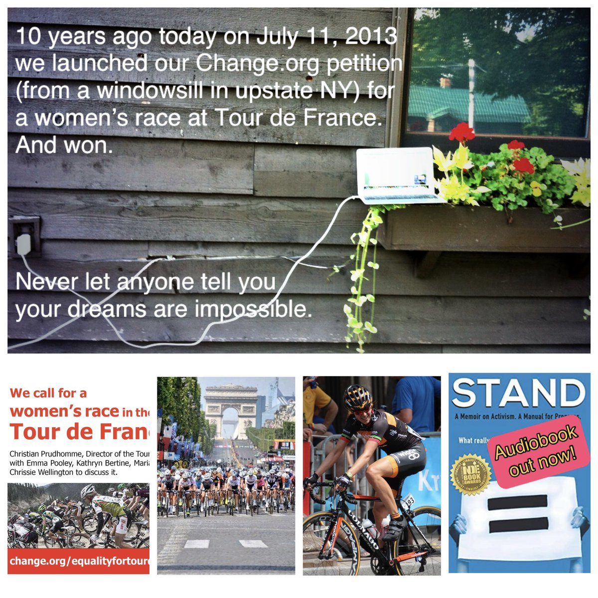 Today’s a meaningful one. 10y anniversary of @LeTourEntier @PooleyEmma @marianne_vos @chrissiesmiles & I launching our @Change petition for women to race @LeTour de France. We won. Toughest decade of my life. Wouldn’t change a thing. Struggle was worth it. Learned so much. Like…
