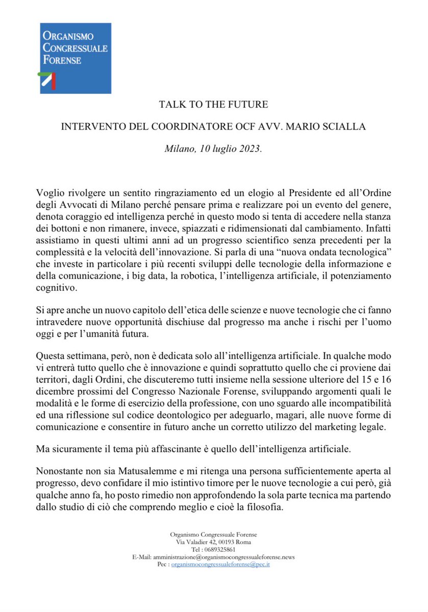 ocforganismo's tweet photo. 🔵Milano TALK TO THE FUTURE🔵

📌Ecco l’intervento del nostro Coordinatore OCF Avv. Mario Scialla, durante la prima giornata del Milano Talk to The Future.

#ocf #ocforganismo #giustizia #talktothefuture #milano #11luglio https://t.co/AX4duJhYbm