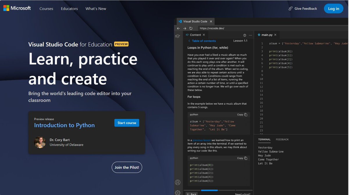 mtholfsen's tweet image. Visual Studio Code (VS Code) for Education is now available in preview!
VS Code for EDU was created to support students looking to move from beginner platforms like MakeCode, to industry-grade code editors like VS Code
👉 techcommunity.microsoft.com/t5/education-b…
#edtech #STEM #MIEExpert