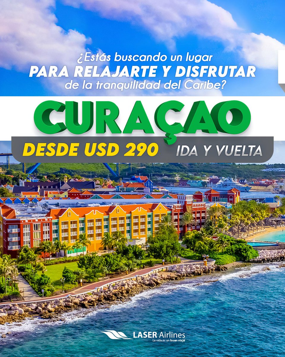 ¡Fascinante, cautivador y sorprendente 🏝️! así es Curaçao, nuestro nuevo #DestinoLaser 💚.

Reserva tu boleto a través de los siguientes canales ⬇️:

📱WhatsApp al +58 412-303.53.02
⁣⁣⁣☎️Call Center 0501-LASER00 (0501-5273700)
💻laserairlines.com