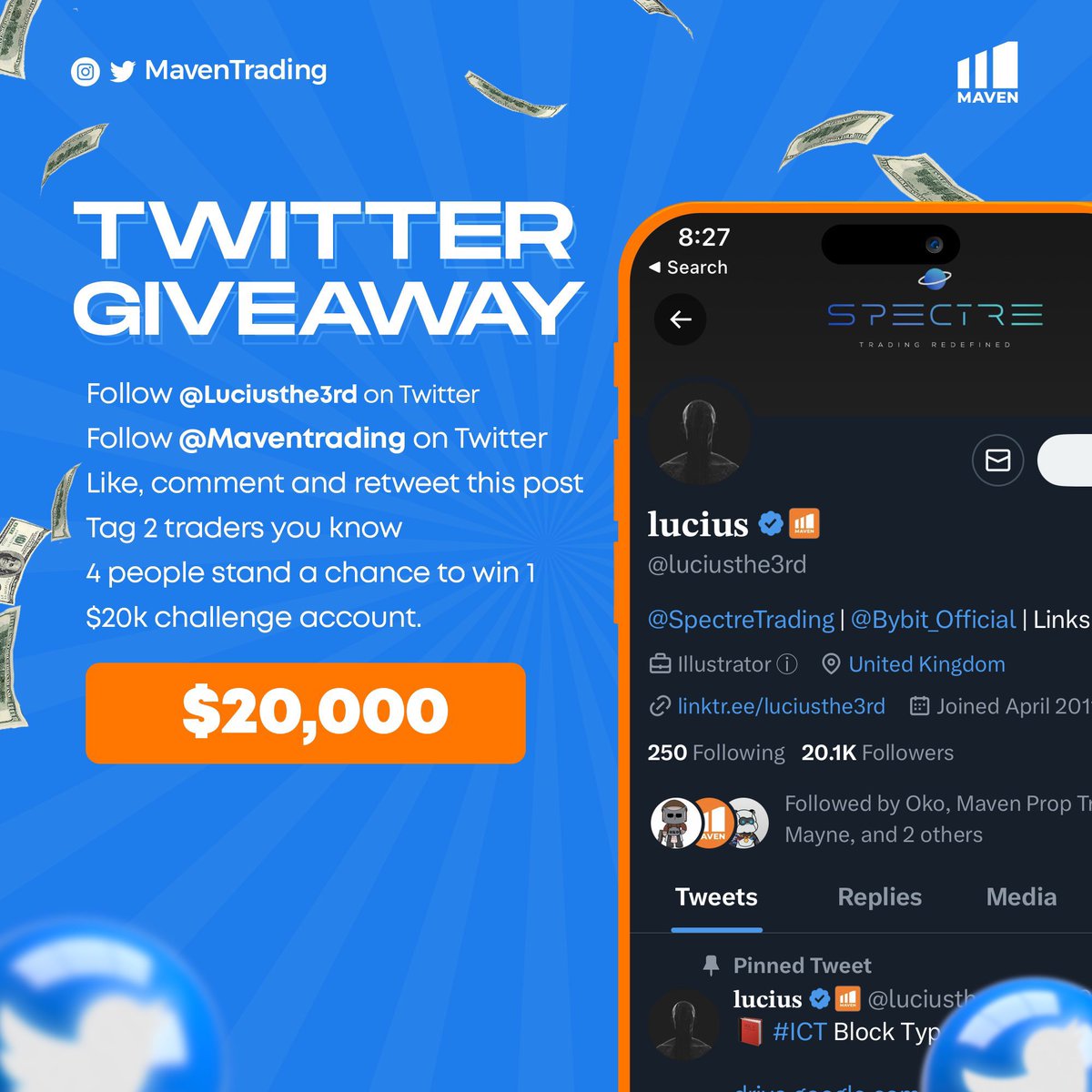 🟠 GIVEAWAY 🟠

4x $20k challenge accounts

Rules below:

🔸 Follow <a href="/luciusthe3rd/">𝐥𝐮𝐜𝐢𝐮𝐬</a> &amp; <a href="/Maventrading/">Maven Prop Trading</a> 

🔸 Like &amp; RT this post

🔸 Tag 2 traders

Winners announced in 48hrs. Good luck 🫡