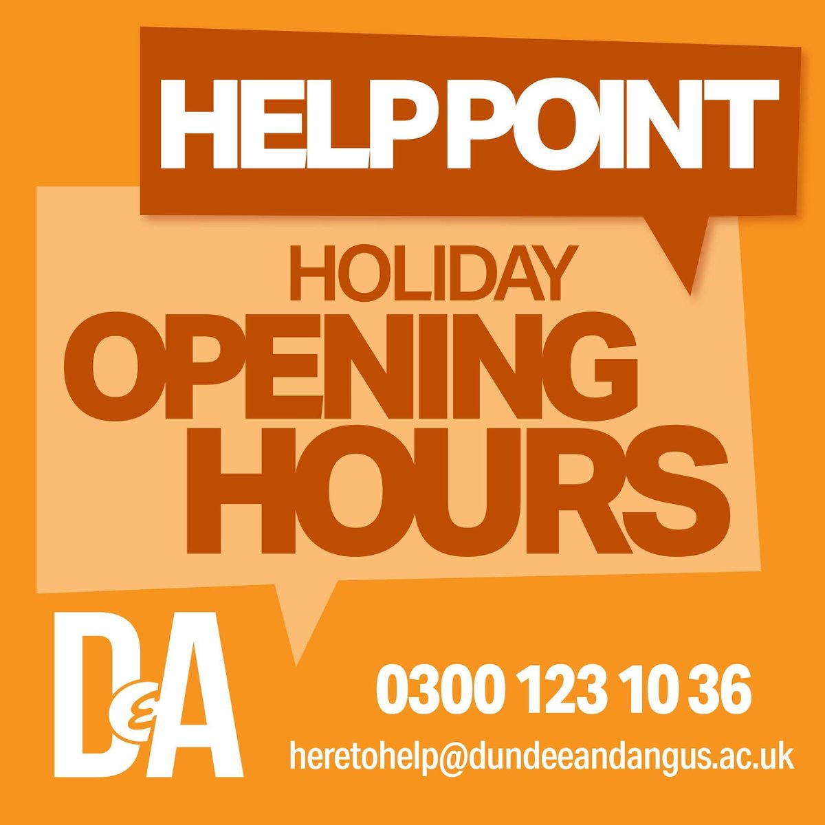 DAHeretoHelp's tweet image. Help Point closure dates!!
Kingsway campus closed until 14th Aug
Arbroath Campus closed 19th July - 31st July
Gardyne Campus will close Friday 14th July from 12pm and re-open on 17th July as normal. 
You can still contact us via heretohelp@dundeeandangus.ac.uk or  03001231036