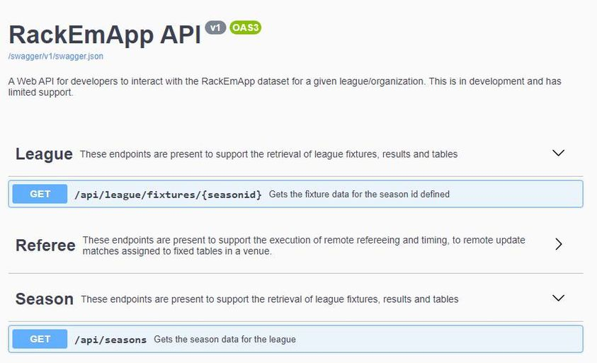 RackEmApp's tweet image. We've added a couple of extra resources to our API. An ability to retrive your season list, and then the ability to retrieve a fixture list for a season. We'll continue to build this out in the coming months so you can retrieve all the useful data you might need.