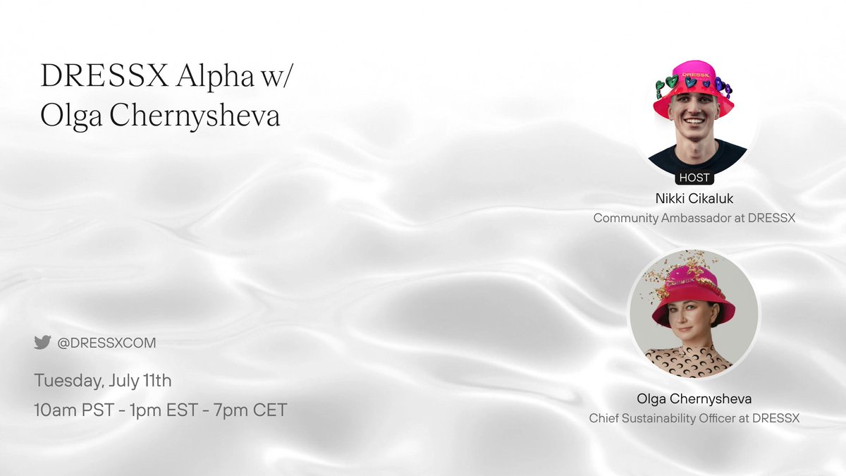 DRESSX Alpha is back w/ Olga Chernysheva 🫣

This is your chance to find out what is happening behind the curtain of the leading digital fashion brand w/ our Community Ambassador <a href="/cikaluk_n/">Nikki Ci-Ka-Luk</a> and Chief Sustainability Officer <a href="/theolgaverse/">theolgaverse</a> 🤍

7pm CET. Be there for alpha 👀