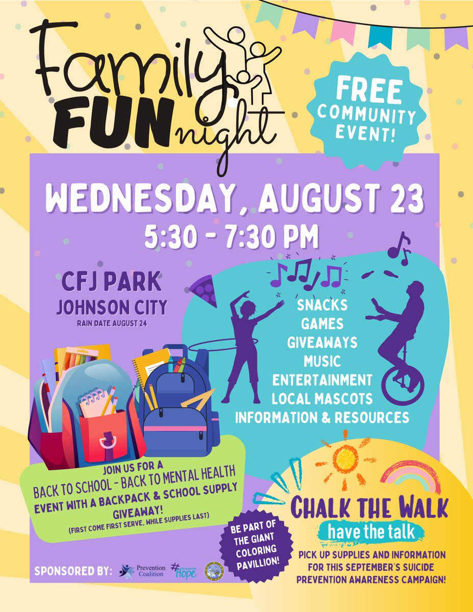 FREE family-friendly event in August at the CFJ park. There will be food, games, giveaways, music, and more! Plus you can pick up your Chalk the Walk supplies for the September Suicide Prevention Awareness Campaign