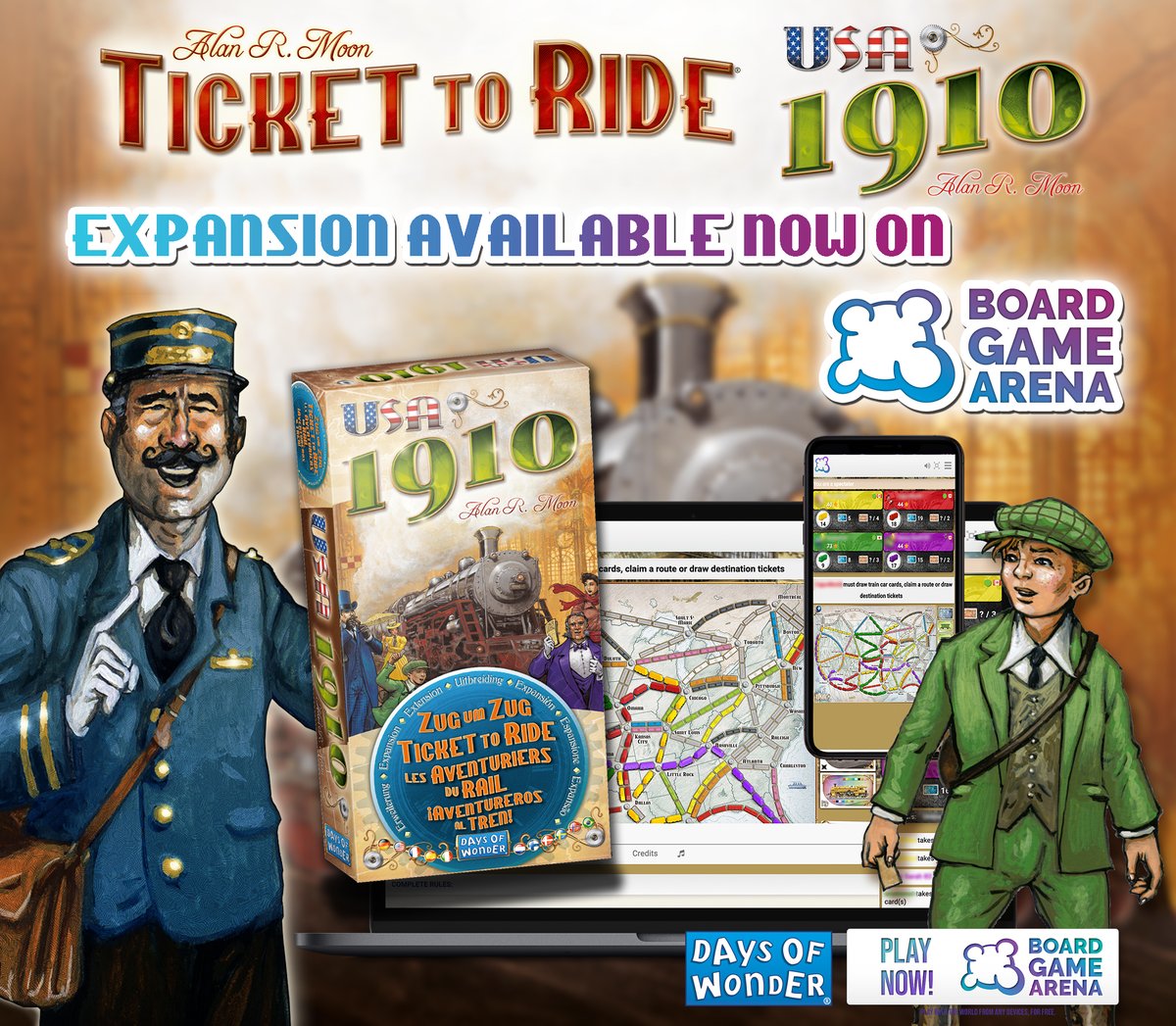 🚂Play Ticket to Ride 1910 on <a href="/BoardGameArena/">Board Game Arena</a> ! Discover and try out the 3 additions from the expansion: 1910, The Mega Game and The Big Cities!
Join us now: bga.li/hco3
Are you ready for a new journey across the USA?