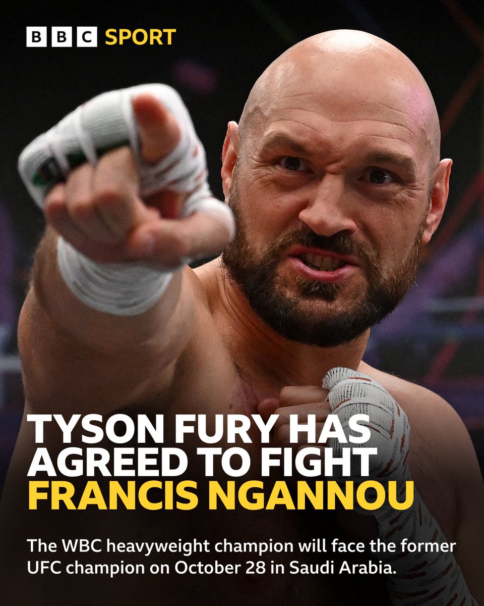 BBCSport's tweet photo. The Gypsy King will put his undefeated record on the line against a former UFC  champion 👀

The bout will take place under boxing rules 🥊

#BBCBoxing #FuryNgannou https://t.co/qsvpSU4MM4