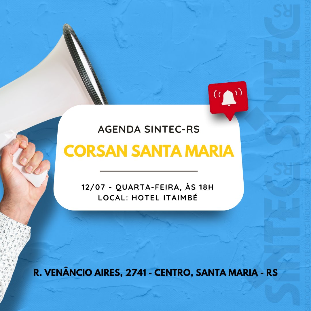 Sintec_RS's tweet photo. Na próxima quarta, 12, o #SINTECRS realizará reunião com os Técnicos e Técnicas da CORSAN, em Santa Maria, para tratar do ACT e prestar contas sobre o pagamento da ação de periculosidade. A reunião ocorrerá no Hotel Itaimbé, às 18h. Saiba mais em https://t.co/6hXwRtHGqS https://t.co/jntEcy91FO