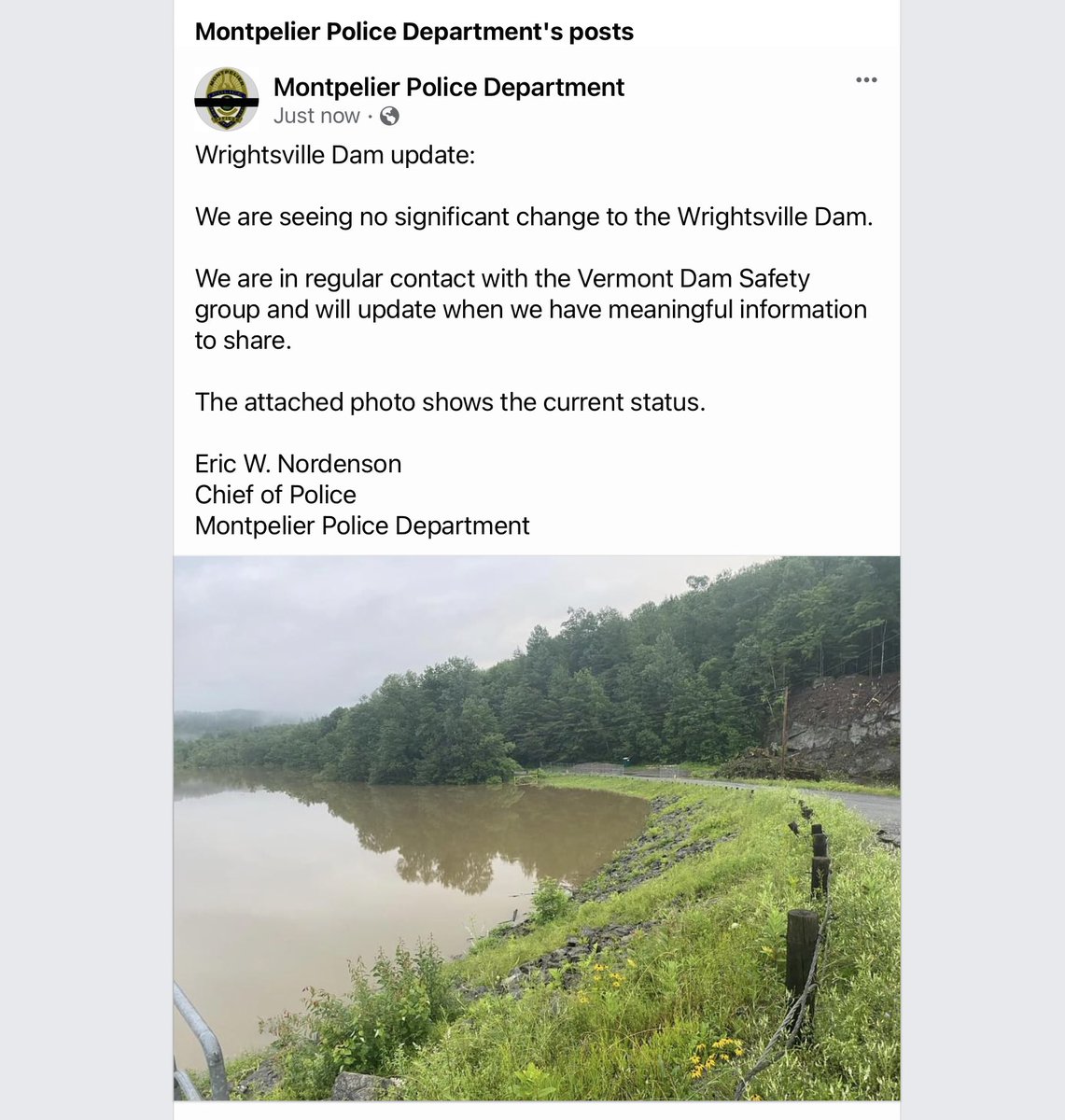 lookner's tweet photo. Montpelier, Vermont police just posted an update that they “are seeing no significant change to the Wrightsville Dam.” (The city has warned if water at the dam gets too high, the dam may have to release some water resulting in a large amount of water coming into Montpelier.) https://t.co/W3b5sQAgW3