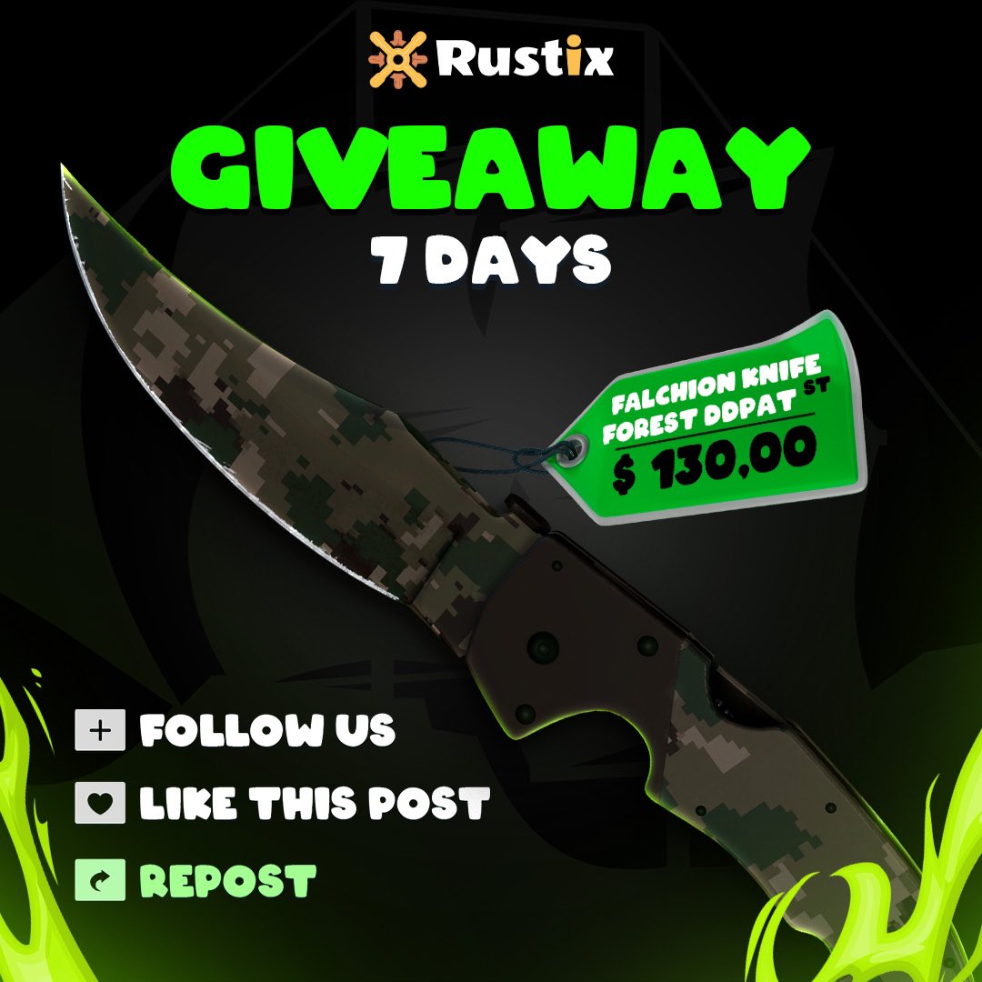 reindeergw's tweet photo. 🔥CS:GO GIVEAWAY🔥

🎁FALCHION KNIFE | FOREST DDPAT (130$)

➡️TO ENTER :

✅Follow me &amp; @Rustix_io 
✅Retweet + Like
✅Tag 1 friend 

📅Giveaway ends in 7 days!  

#CSGOGiveaway #csgogiveaways #CSGO https://t.co/txnXmZFwIs