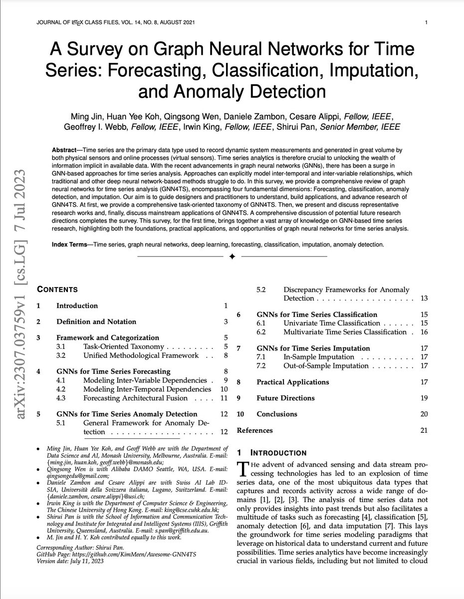 Montreal_AI's tweet image. A Survey on Graph Neural Networks for Time Series: Forecasting, Classification, Imputation, and Anomaly Detection
Jin et al.: arxiv.org/abs/2307.03759
#DeepLearning #GraphNeuralNetworks #TimeSeries