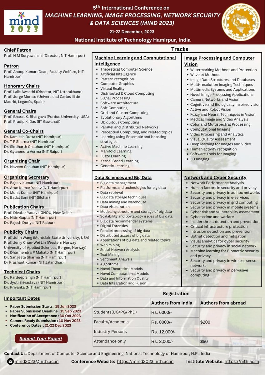 ChauhanNaveen04's tweet photo. Happy to announce the 5th Edition of International Conference on Machine Learning, Image Processing, Network Security and Data Science (MIND 2023) is being organized by  Department of Computer Science &amp; Engineering NIT Hamirpur during December 21-22, 2023. https://t.co/ZxgHfpLic0