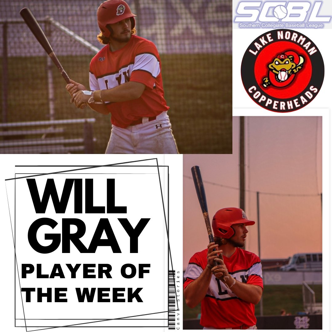 Congrats to Will Gray on player of the week. Gray had 3 HRs, batted .333, and had 7 RBIs on the week! Keep it up Will! @WVUTechBase @LCopperheads