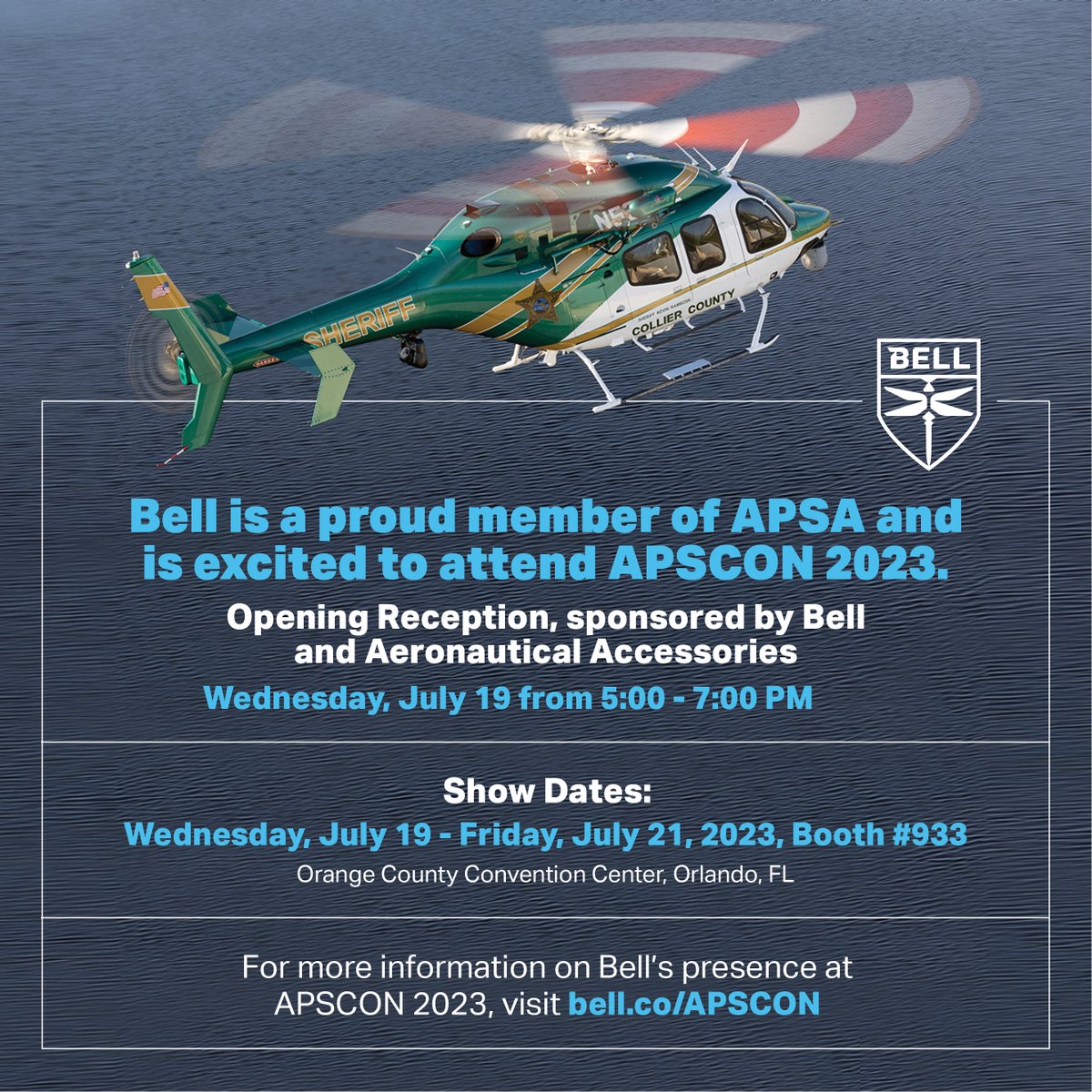 BellFlight's tweet photo. Bell is thrilled to be sponsoring @PublicSafetyAv8's #APSCON23 opening reception with Aeronautical Accessories this year! 

Join us:
📆 Wednesday, July 19  17:00 - 19:00
📍Orange County Convention Center - West Concourse / Exhibit Halls WA1/ WA2
ℹ️ https://t.co/YAOyqubGEi https://t.co/XGpUdx2zKq