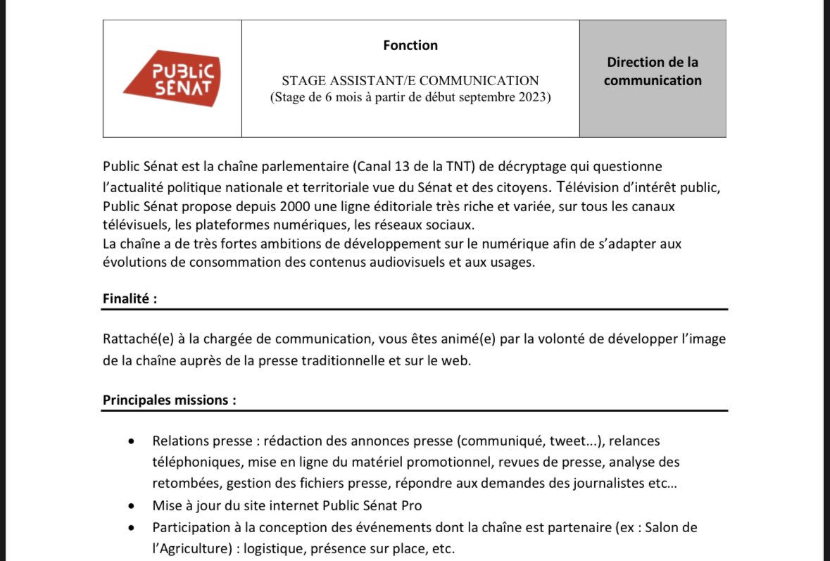 VirgDuval's tweet photo. 🚨 OFFRE DE STAGE pour rejoindre le service com de @publicsenat à partir de septembre (durée : 6 mois).
Contact en MP. 
Merci @TwitterFrance de nous aider dans cette recherche ! https://t.co/cA11steBax